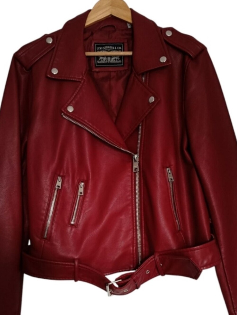 Levi's Red Faux Leather Moto Cropped Jacket with Asymmetrical Zip - Picture 6 of 10
